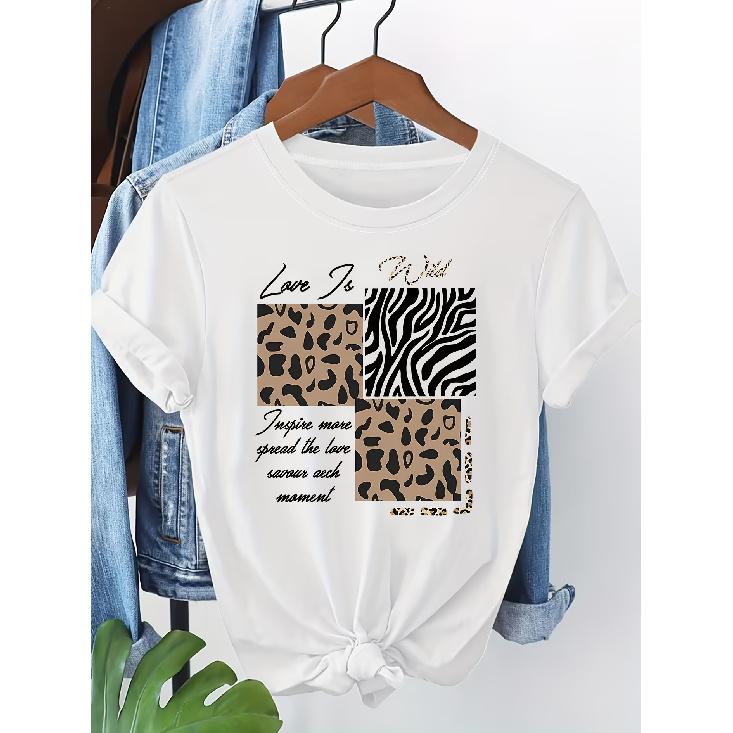 Leopard and zebra print patchwork round neck T Shirt Vintage women s casual top Comfortable and soft fabric Spring and Summer Women s Clothing S белый