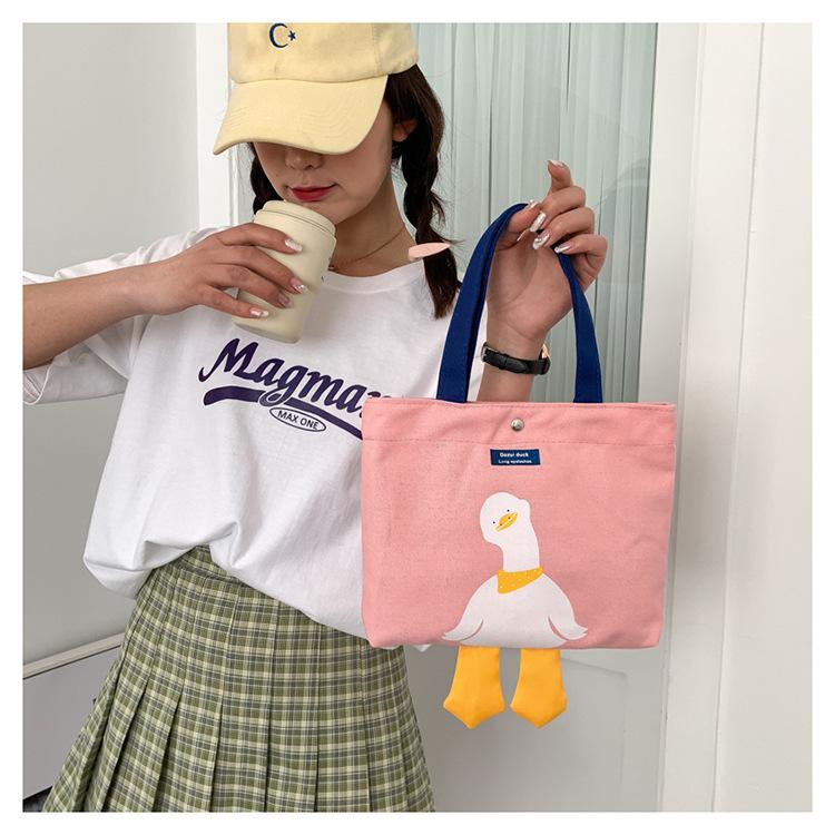 Cute Duck Canvas Tote Bag for Women, Small Handheld Shoulder Purse, Kawaii Cartoon Crossbody Bag for Daily Outings KTB