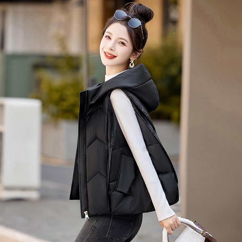 Autumn and Winter New Temperament Hooded Cotton Vest Women's Cold and Warm Short Vest Cotton Vest Slim Jacket