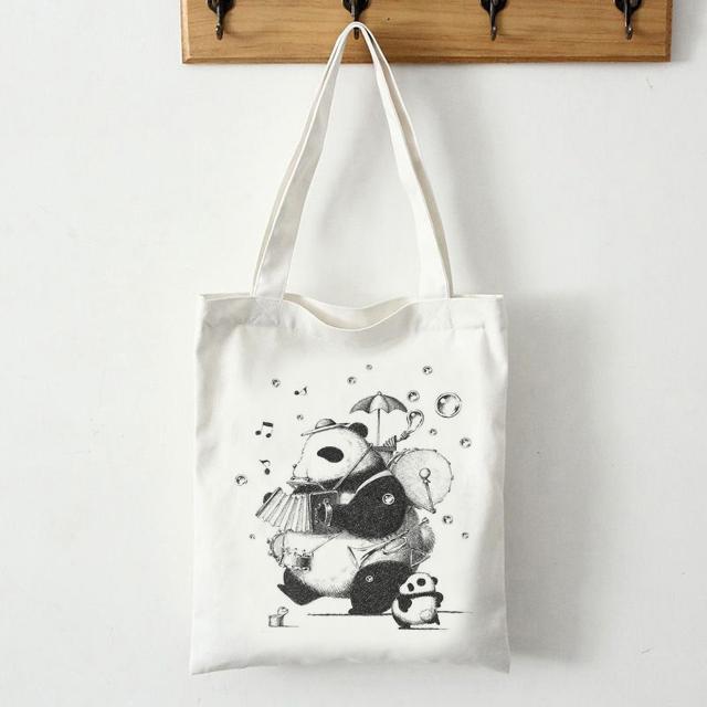 New Women's Cartoon Handbag Cute Animal Panda Shoulder Canvas Bag Large Capacity Girl Reusable Shopping Bag Grocery Bag.