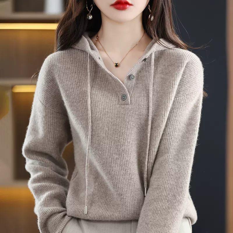 Autumn and Winter Women's Hooded Sweater Knitted Sweater Pullover Sweater Loose Fitting Hooded Base Sweater