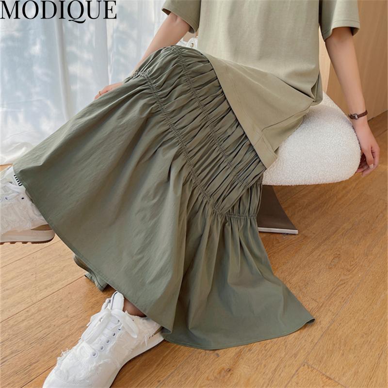 MODIQUE Summer Plus Size Women Loose Casual Patchwork Pleated Cotton Extended Length T-Shirt Long Dresses Female Oversize Short Sleeve O-Neck Dresses