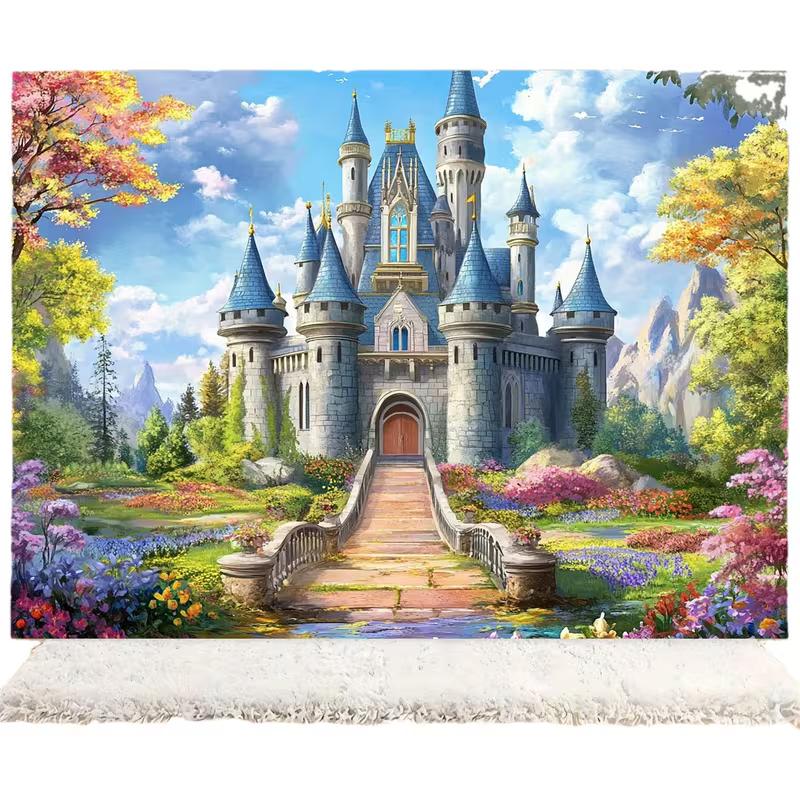 2D Fairy Tale Castle Backdrop Cloth for Princess & Enchanted Party Photo Booth Background