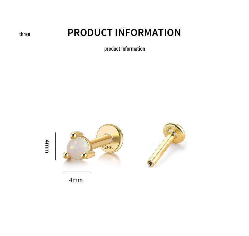 S925 Sterling Silver Screw Stud Earrings with Inlaid Opal - Fashionable Threaded Cartilage Ear Jewelry