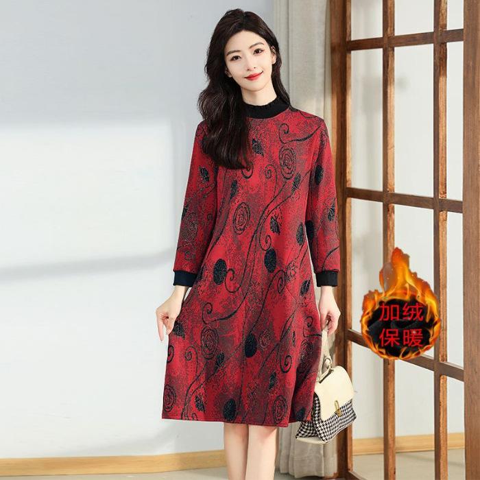 

Fleece and thicker new temperament dress autumn and winter foreign loose large size long sleeve knee fashion skirt M красный