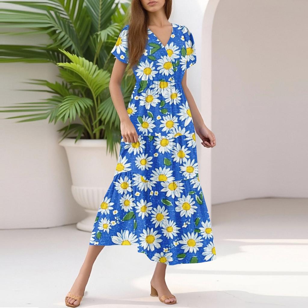 Damen Sommer Casual Mode V-Ausschnitt Rüschenärmel Blumendruck Midi-Kleid