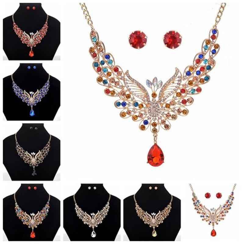 Exquisite Retro Peacock Necklace With Colorful Ear Studs Rhinestone Jewelry Set