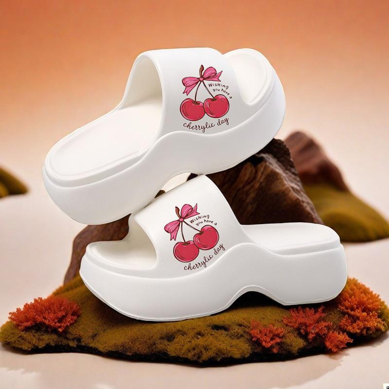Sweet Cherry Print Thick Bottom Eva Outdoor Slippers Women 2025 Summer High Heel Slides Non Slip Soft Sole Slippers