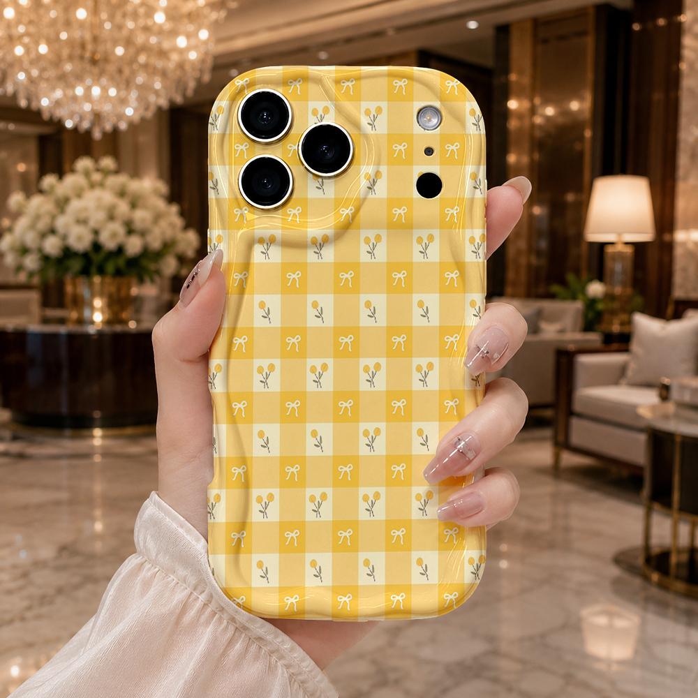 Yellow Plaid Tulip Tiny Bow Pattern Wavy Edge Phone Case For iPhone 17 16 15 14 13 12 11 8 7 Plus Pro Max Soft Protective Cover