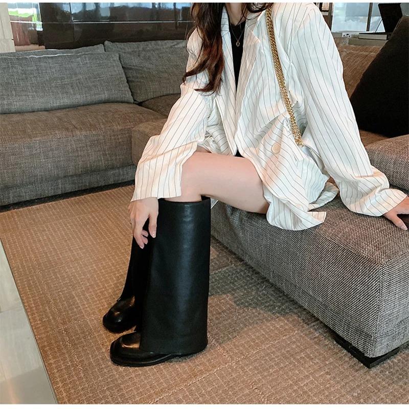 Autumn Winter Women Trouser Legs High Boots Fashion Slip On Round Toe Shoes Low Heel Ladies Knight Long Booties