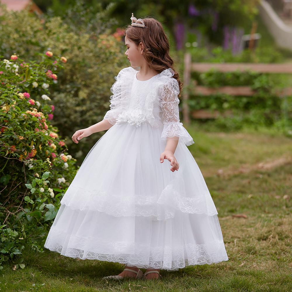 Flauschige Mädchen-Partykleider, weiße Spitze, Schleife, Bridemaid, Hochzeit, Prinzessin, Kinderkleid für Mädchen, halbe Ärmel, Geburtstagskleid, Kostüm
