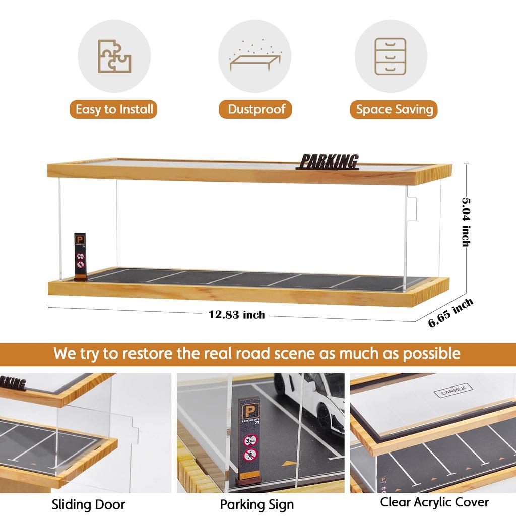 cxiiuui 1/43 Scale Miniature Car Storage Display Case, Car Model Wooden Storage Case with Parking Lot and Clear Acrylic Cover, Holds 5 Cars