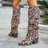 Stylish Square Heel Stack Boots Autumn New Pointed Leopard Print Anti-slip Wear-resistant Sleeve Tall Boots
