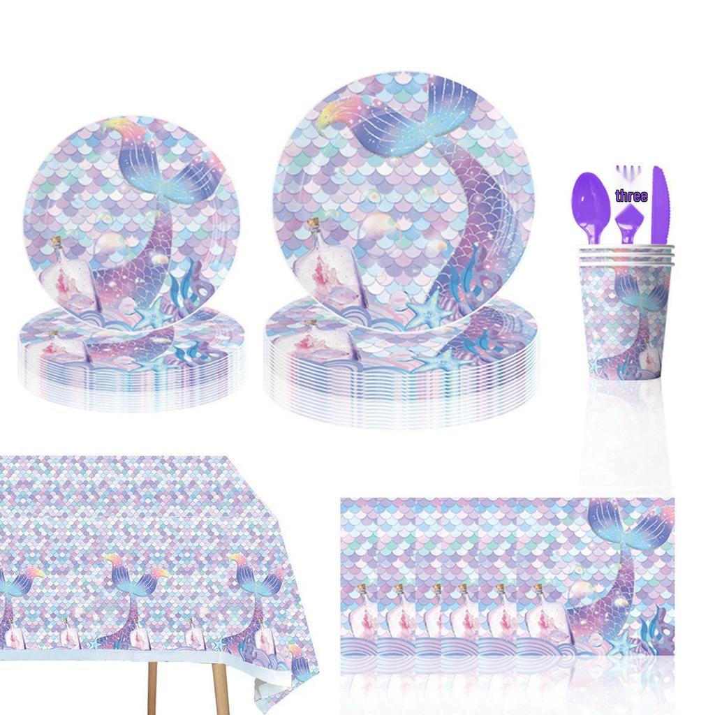 Mermaid Theme Party Supplies: Colorful Fish Scale Napkins, Plates, Cups, Flags, and Swirl Decorations