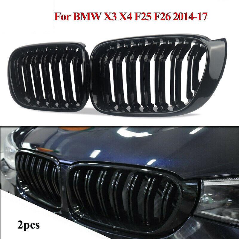 Pair Front Kidney Grilles Gloss Black Double Dual Slat For BMW X3 X4 F25 F26 2014-2017 Replacement Racing Bumper Car Styling