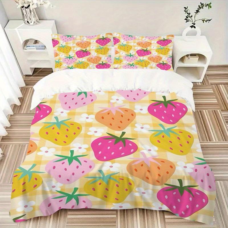 3pcs Strawberry Pattern Bedding Set, Breathable And Soft, Suitable for All Seasons Machine Washable, Suitable for Bedroom Decoration,yy250822139