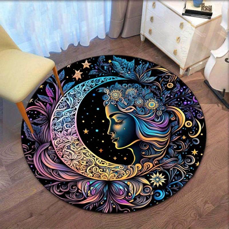 3D Sun Moon Face Printed Outdoor Rug Round Rug Patio Garden Yard Area Rug Round Rug for Bedroom Living Room Chair Decoration Floor Mat 80cm X 80cm
