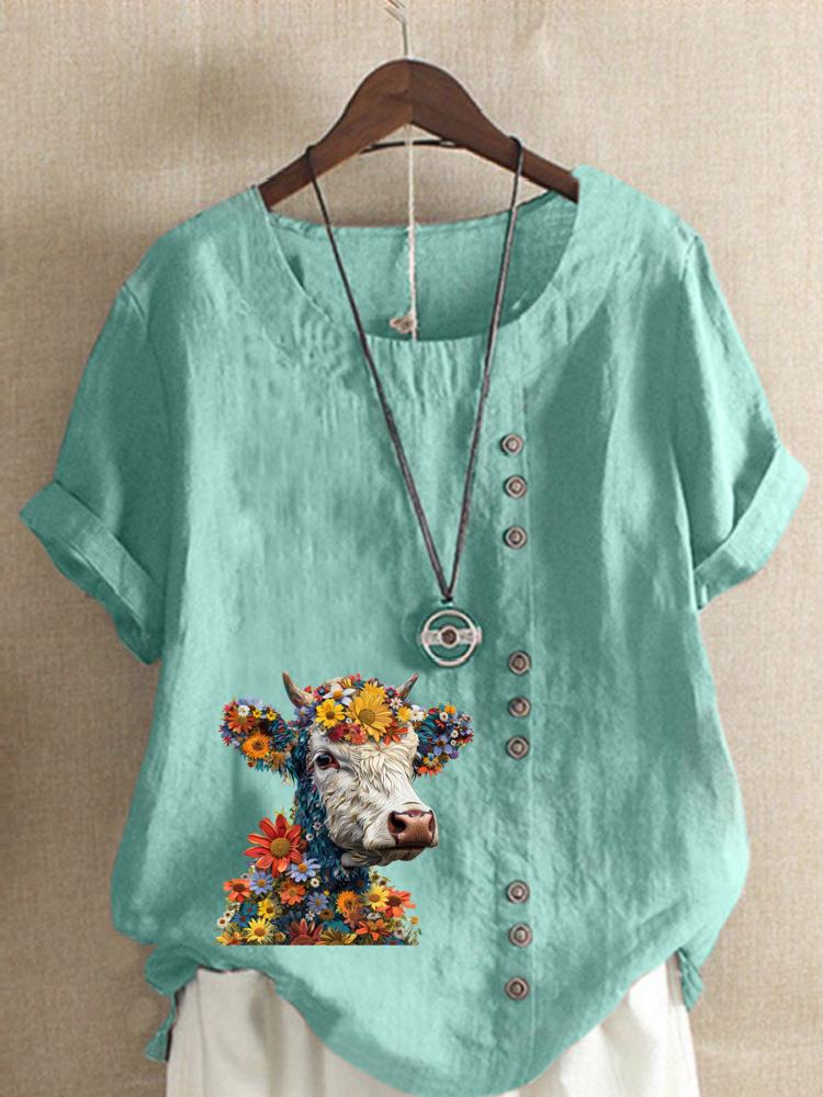 Women's Fashion Buffalo Print Round Neck Short Sleeve T-shirt Casual Cotton Linen Graphic Shirt Leisure Loose Summer Blouse Tops