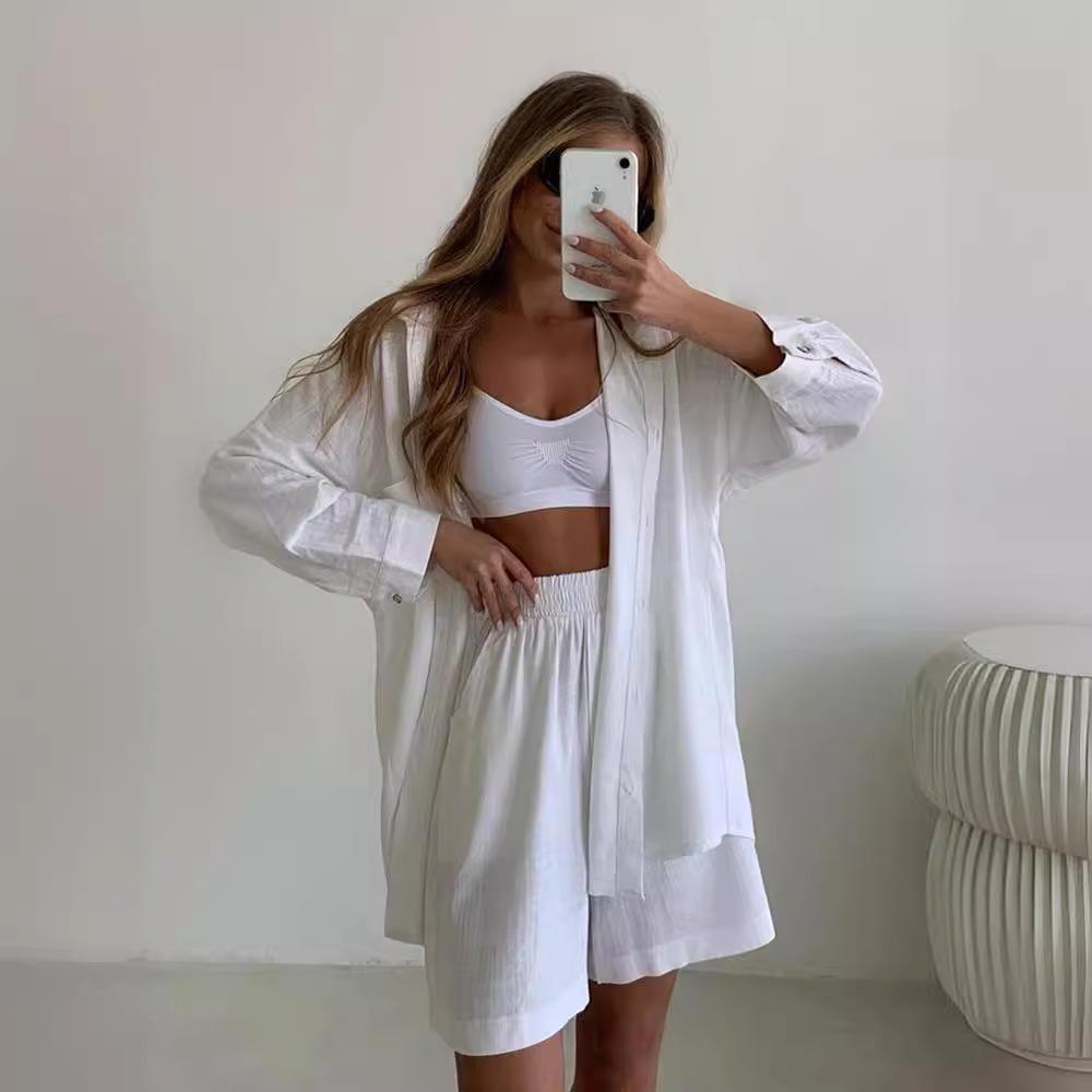 GMXIA Spring Solid-color Single-breasted Long-sleeved Shirt and Loose, Fashionable Casual Shorts Set