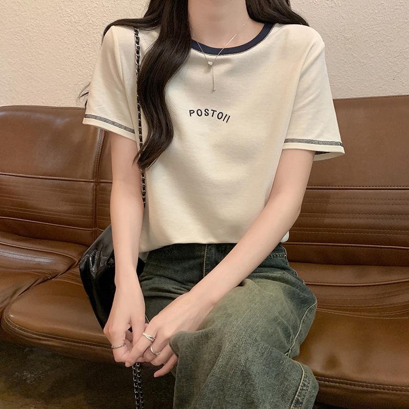 Front shoulder short-sleeved t-shirt women's new summer loose letter embroidery design sense niche contrasting color round neck top