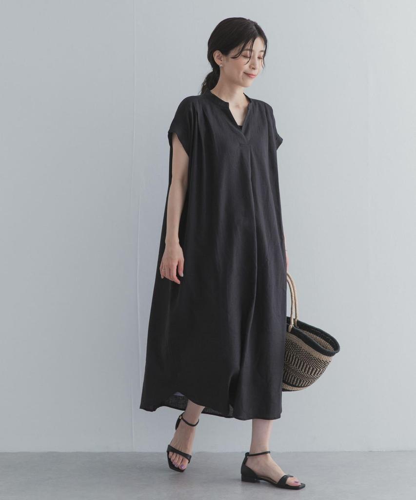 Research Linen Rayon Skipper French Free Size [Urban Doors] Dress, Women's DR26230-2061506, Black,