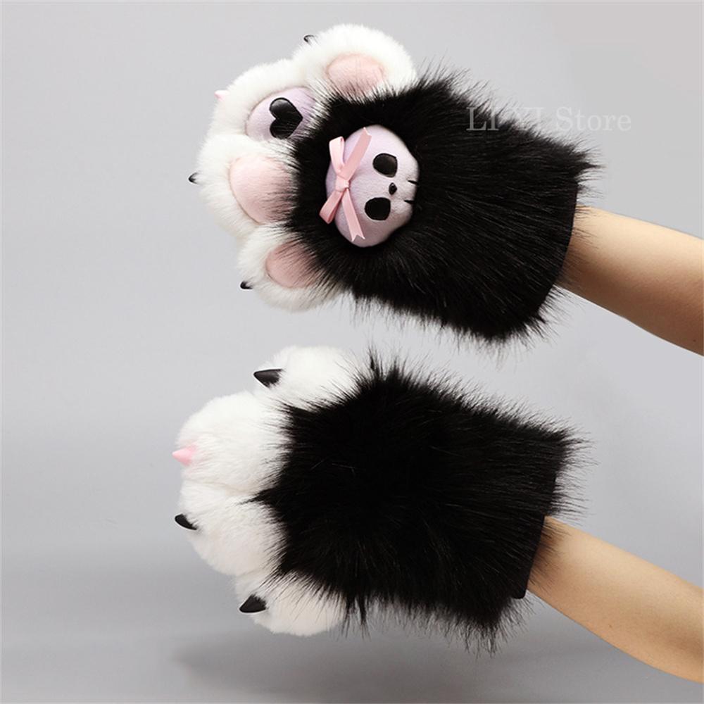 

Gothic Furry Paw Gloves - Plush Animal Claws With Nails & Skull Bow For Halloween Party Cosplay, Anime Costume Accessories 1 Pair