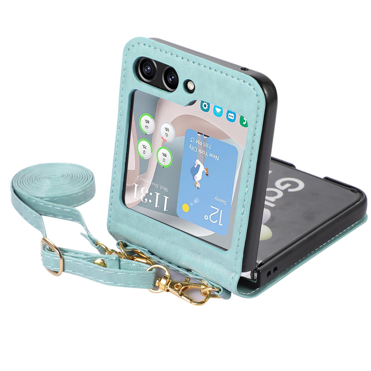 

For Samsung Galaxy Z Flip5 5G PU Leather PC Phone Case Anti-Drop Protective Cover with Shoulder Strap Green