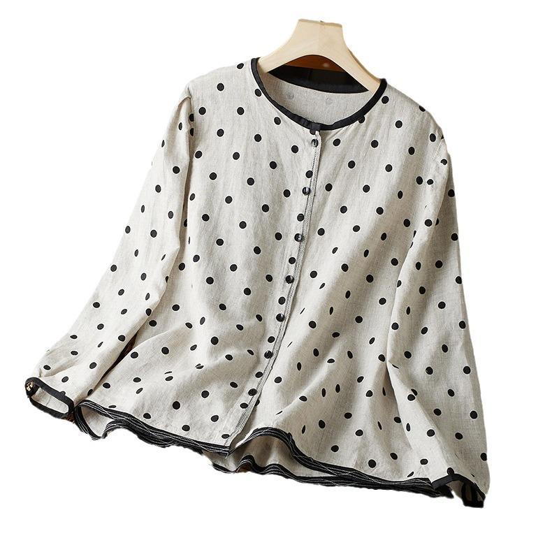 Open Top with Casual Loose Oversized Long Sleeved Shirt Women's Artistic Retro Polka Dot Top