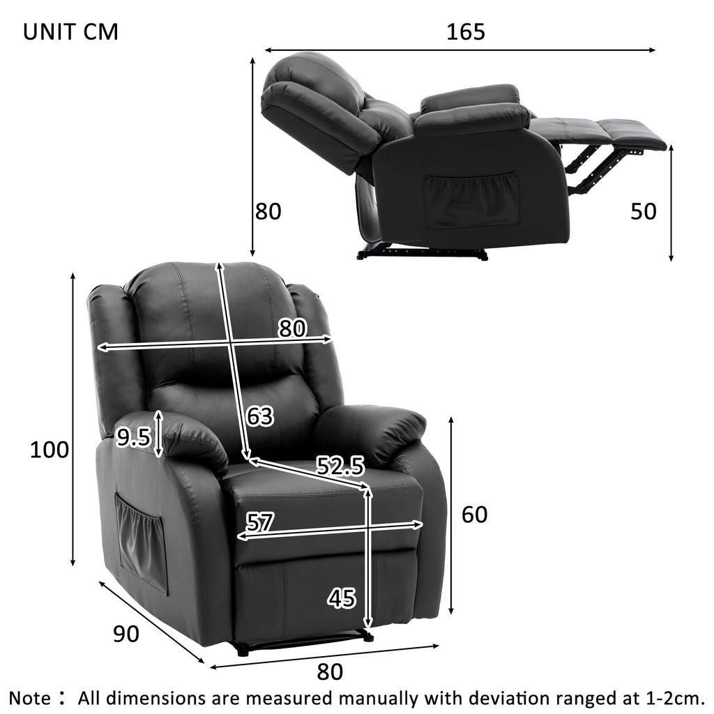 Recliner 130° Tiltable, Single Sofa Leg Rest, Pull-out Recliner PU Leather Armchair, Reclining Chair Side Pocket, Living Room, Black