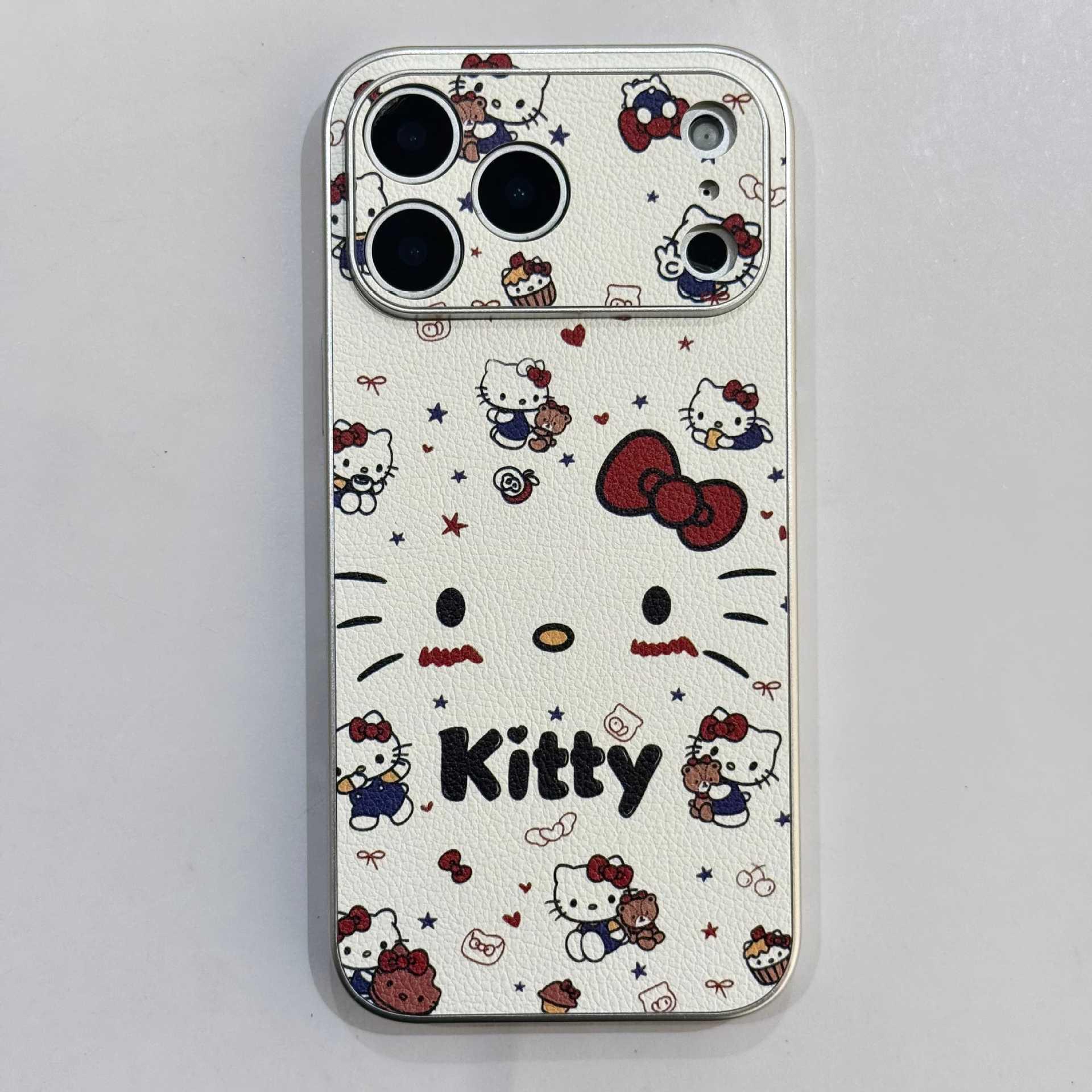 

Polka Dot KT Cat Phone Case for iPhone 17 Pro Max: Leather Texture, Silver Edge, Full Coverage, High-End Feel iPhone 17