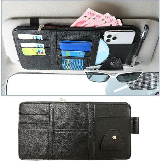 Augeny Car Sun Visor Organizer, Leather Multi-Pocket Auto Visor Storage Pocket Pouch Holder with Zipper, Vehicle Interior Accessories for Car Truck