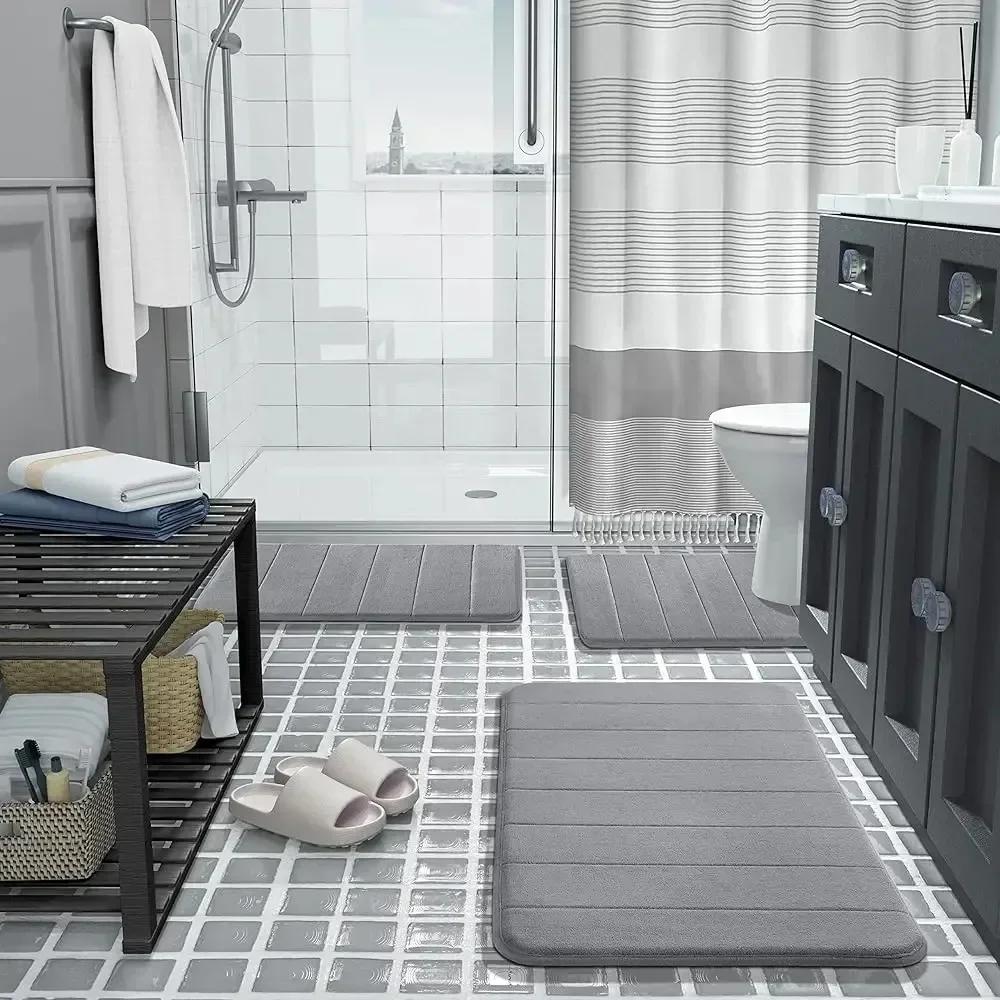 Badmattor 3-delars set Mjuk fotmatta Absorberande Memory Foam Torkar snabbt Halkfri Golv Kök Duschrum Dörrmatta Toalettgolvmatta