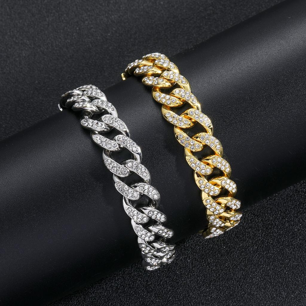European Hiphop Gold Cuban Chain Necklace 13mm Iced Out Miami Crystal Cuban Link Chain Necklace Set for Men Jewelry