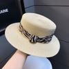 New flat top top hat women's summer French retro zebra pattern braided sun hat outdoor vacation sun hat