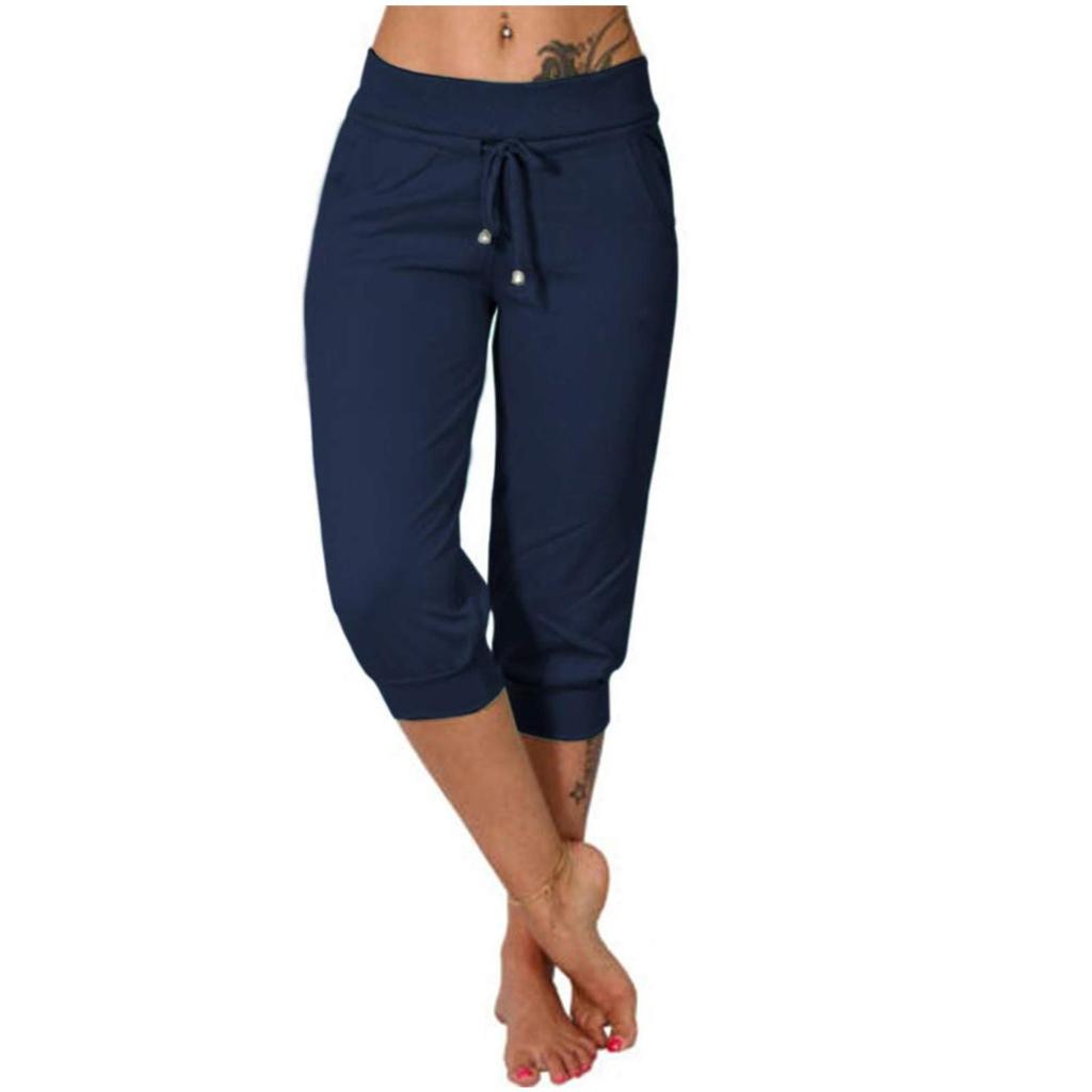 Women Classic Solid Color Jogging Pants Cotton Linen Capris Trousers Bandage Double Pocket Pants Summer Beach Vacation Wear