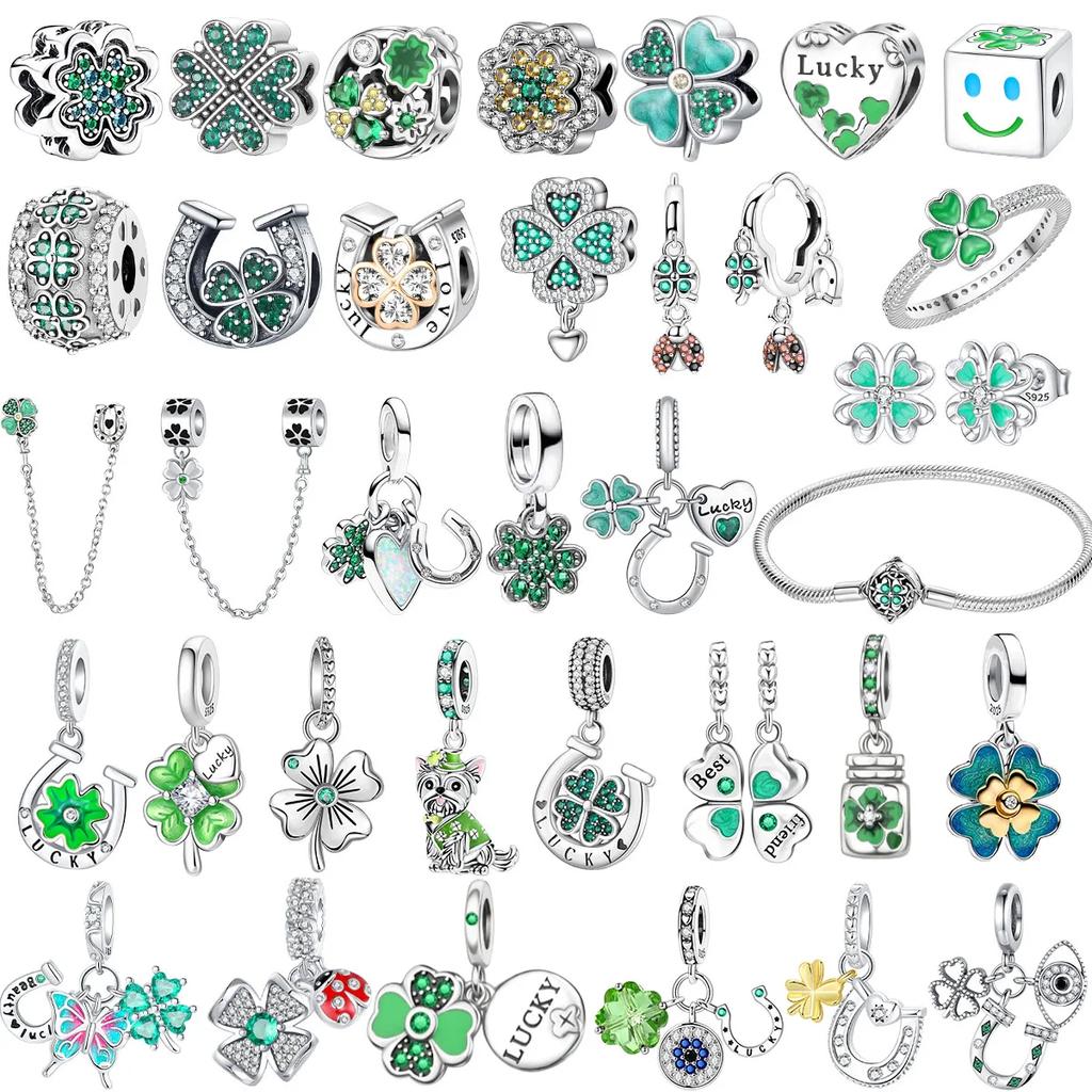 925 Sterling Silver Green Four Leaf Clover Horseshoe Charm Earrings Pendant Necklace Bracelet Jewelry Set