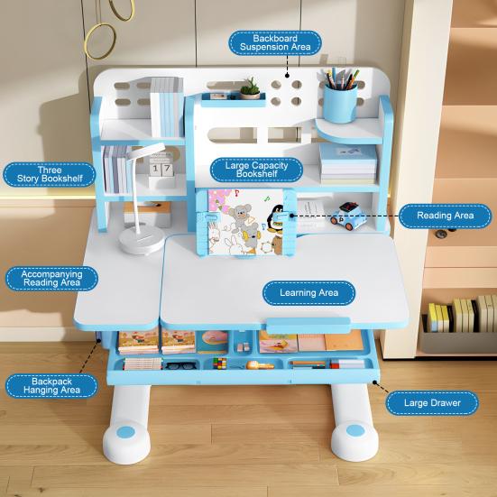 Scrivania e Sedia per Bambini Set, Set per Bambini Regolabile in Altezza con Libreria Cassetto Portaoggetti, Tavolo con Piano Inclinabile a 50 Gradi per Camera da Letto Bambini