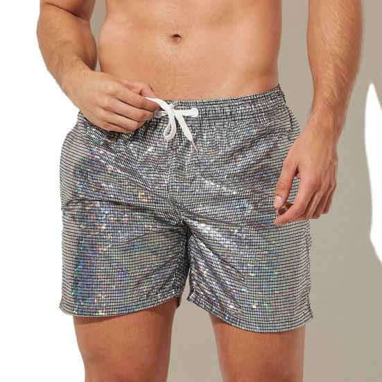 Men Gym Shorts Drawstring Elastic Waist Sequin Solid Color Soft Breathable Quick Dry Fitness Jogging Exercise Beach Sportswear Shorts