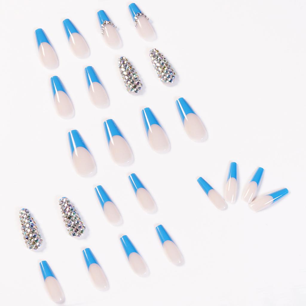 Blue French full diamond presson nail wear nail art finished fake nail removable nail patch