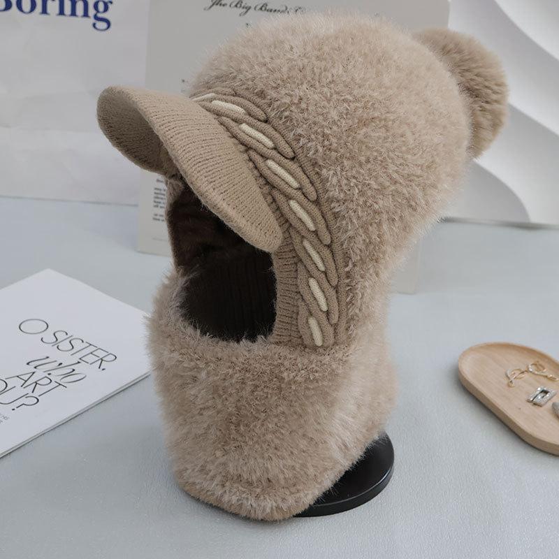 Fleece Verdickte Gestrickte Thermomütze Damen Wollmütze Outdoor Winddicht Halsbedeckung Einteilige Mütze
