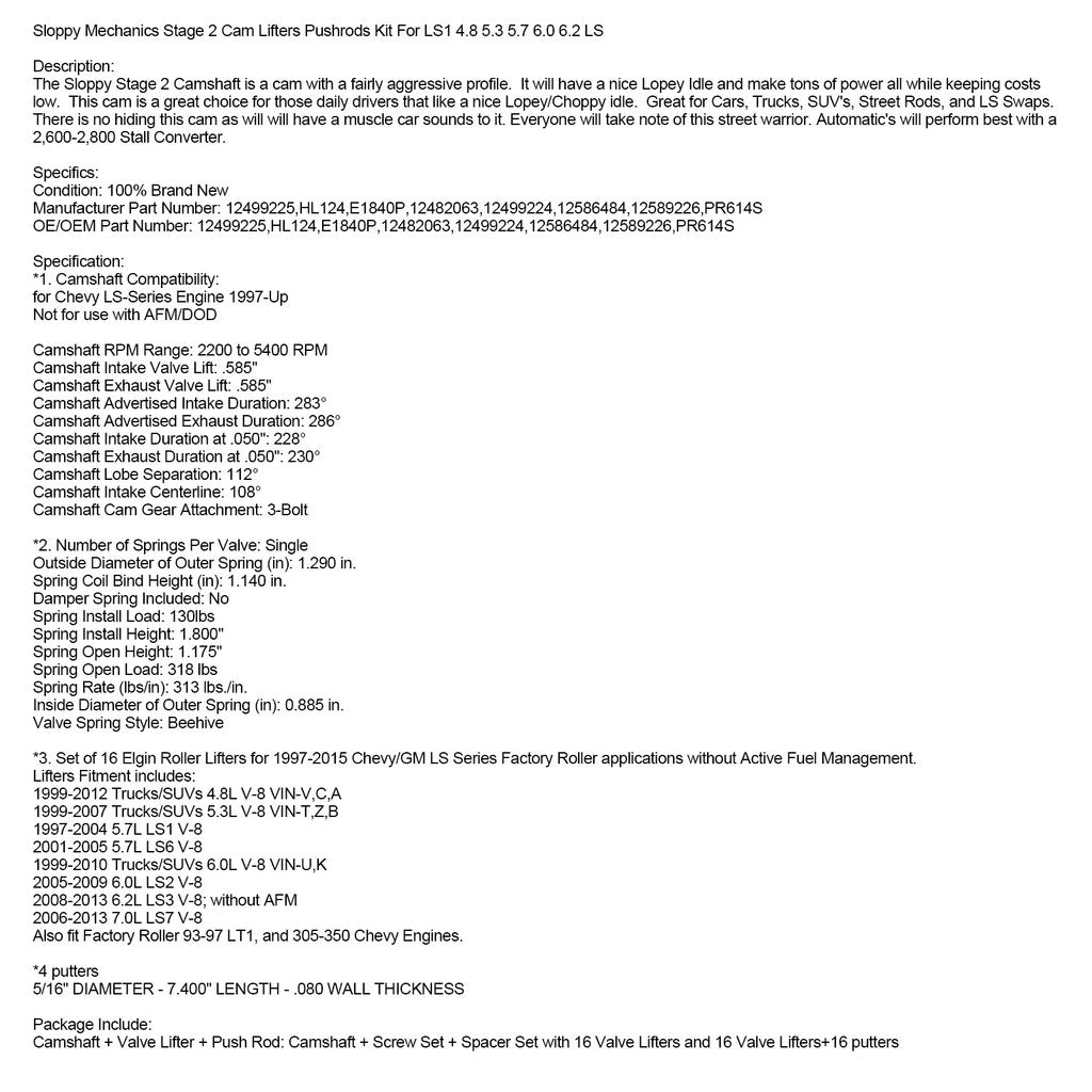 Sloppy Mechanics Stage 2 Cam Lifters Pushrods Kit For LS1 4.8 5.3 5.7 6.0 6.2 LS