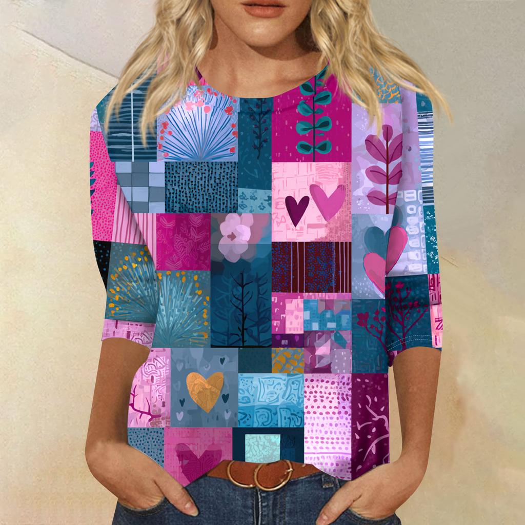 Women's Fashion Casual Round Neck Three-quarter Sleeve Retro Floral Print T-shirt Top