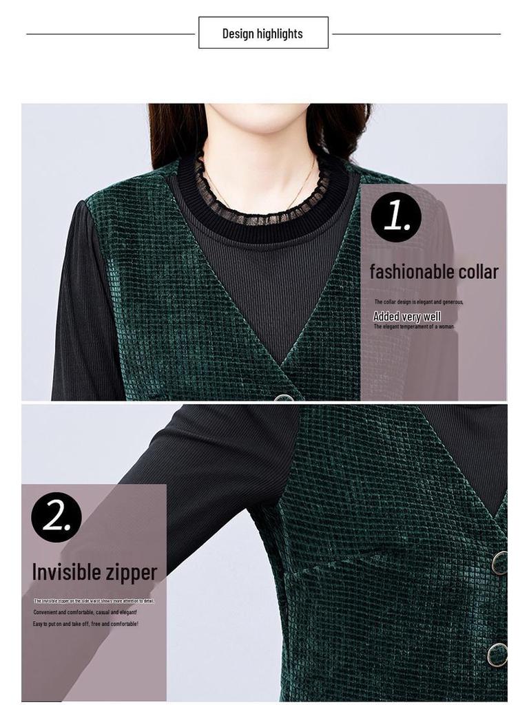 2026 Fall/Winter Elegant Versatile Long-Sleeve Faux Two-Piece Slimming Mid-Length Skirt