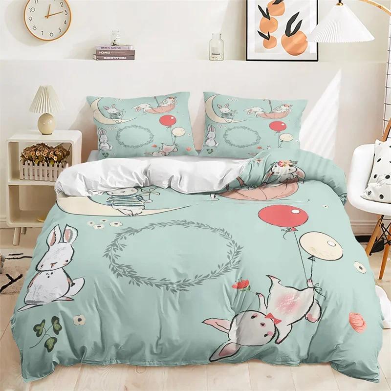 Cartoon Rabbit Duvet Cover Easter Bedding Set Animals Pattern Festival Celebrate Comforter Cover Set Twin For Girl Nursery Child