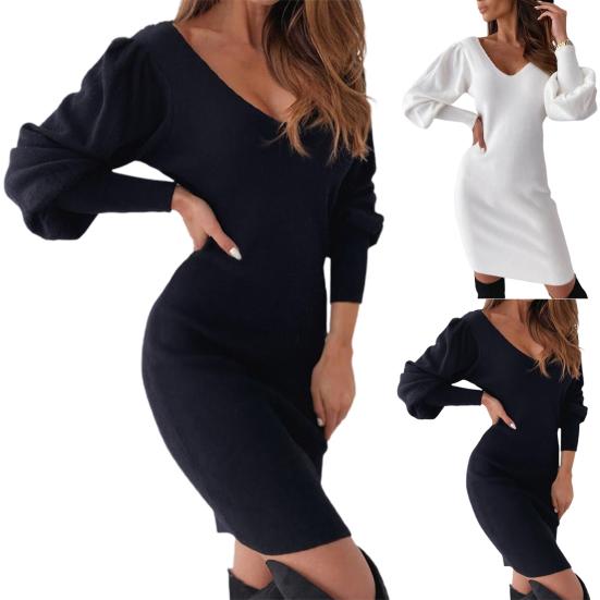 Lady Dress V Neck All Matched Polyester Midi Casual Sheath Dress for Daily Wear