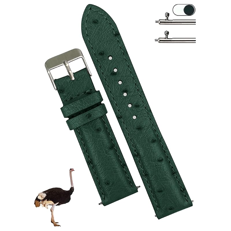 

[vinacreations] 18mm green ostrich leather watch strap quick release genuine leather replacement watch band handmade mens with wrist buckle