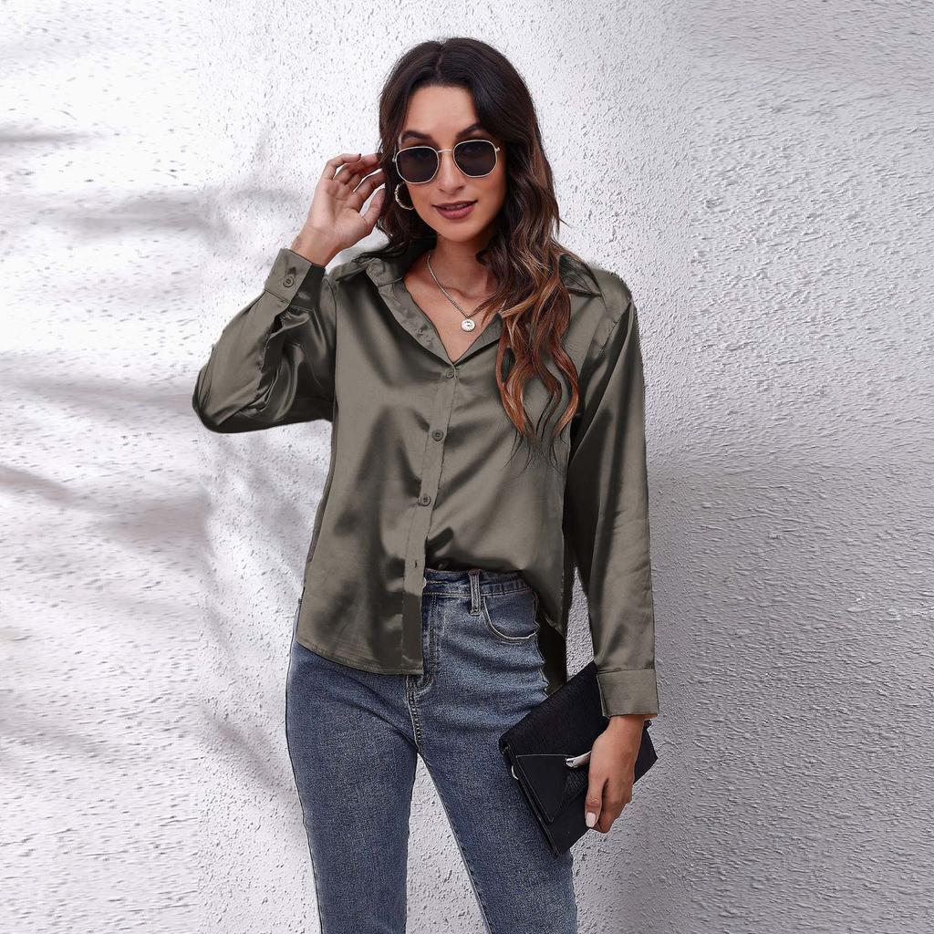Women's Long Sleeve Silk Feeling Shirt Wrap Knot Casual Blouse