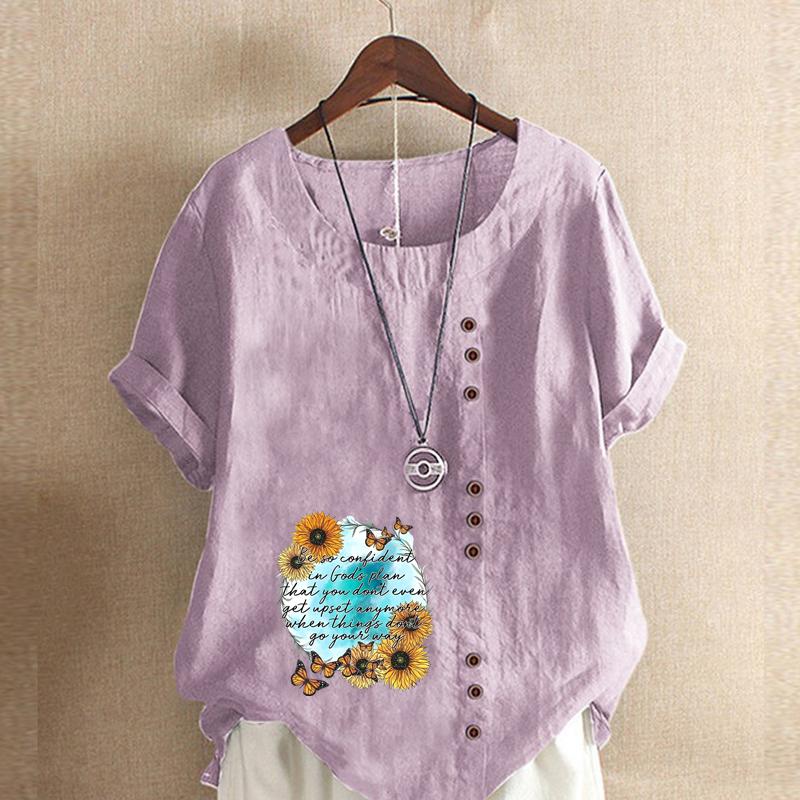 

Женская мода Подсолнух Бабочка Письмо Принтованная футболка с коротким рукавом Свободная хлопковая рубашка Повседневная свободная летняя блузка Топы размера плюс XL фиолетовый