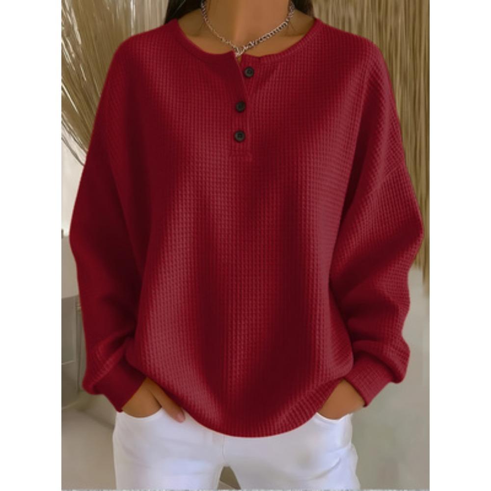 Plus Size Women Waffle Knit Long Sleeve Top, Solid Color Henley Neck Button Loose Pullover, Ladies Casual Daily
