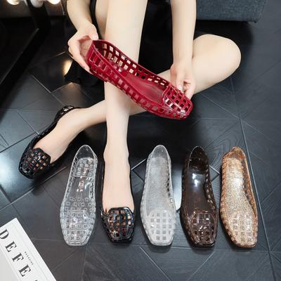 Nische Koreanisch neu transparent Retro Jelly Casual Damen Schuhe Lochschuhe Hausschuhe eckige Spitze flacher Ausschnitt
